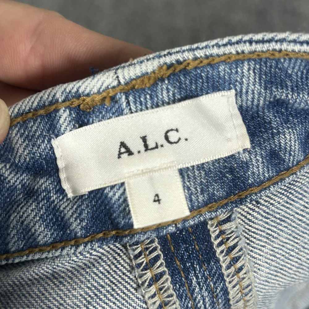 ALC Alden Denim Midi Skirt Paneled Medium-wash front split hem Women's 4 #2947 - Picture 2 of 9